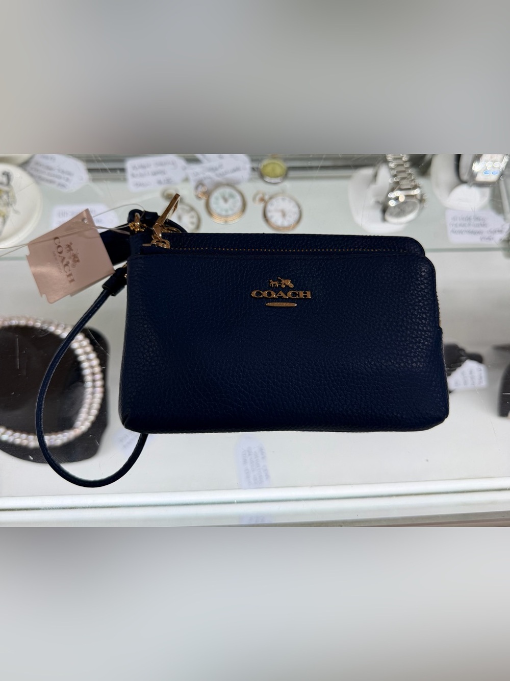 Vintage COACH Double Zip Wristlet Wallet Navy Blue Dark Pebbled Leather NOS NWT